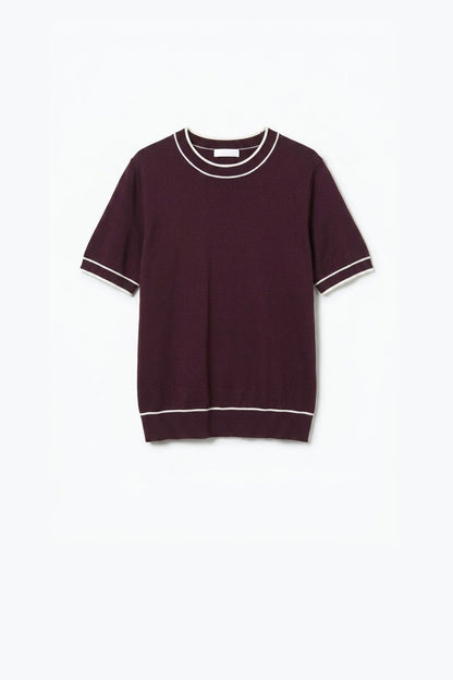 Burgundy Fine Knit Contrast Trim Crew Neck Short Sleeve sweater