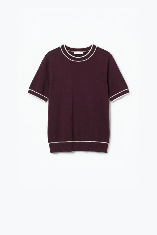 Burgundy Fine Knit Contrast Trim Crew Neck Short Sleeve sweater