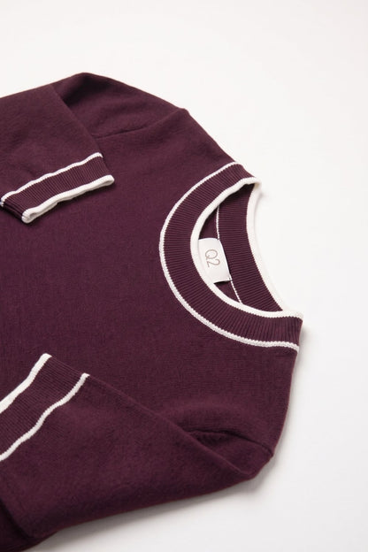 Burgundy Fine Knit Contrast Trim Crew Neck Short Sleeve sweater