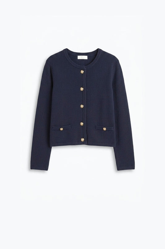 Navy Fine Knit Gold Button Cropped Cardigan Sweater