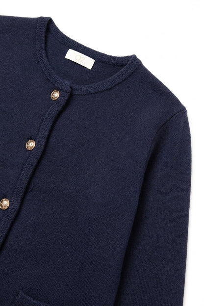 Navy Fine Knit Gold Button Cropped Cardigan Sweater