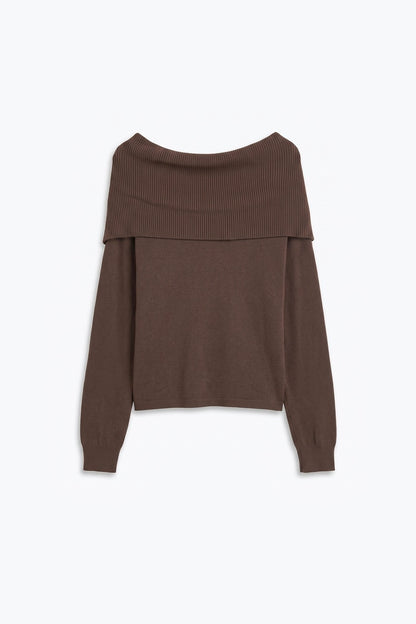 Brown Ribbed Knit Off Shoulder Long Sleeve Sweater