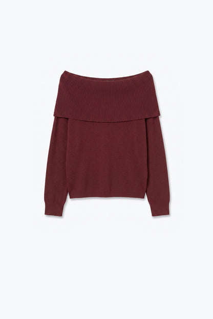 Burgundy Ribbed Knit Off Shoulder Long Sleeve Sweater