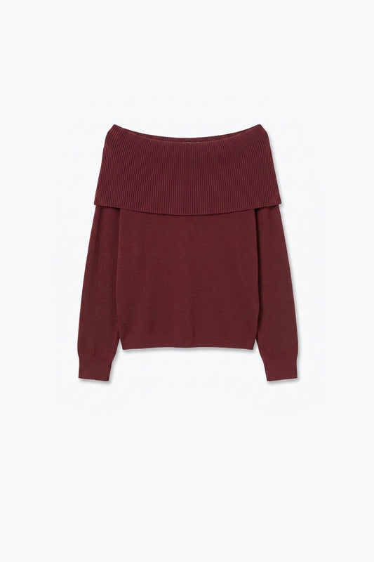 Burgundy Ribbed Knit Off Shoulder Long Sleeve Sweater