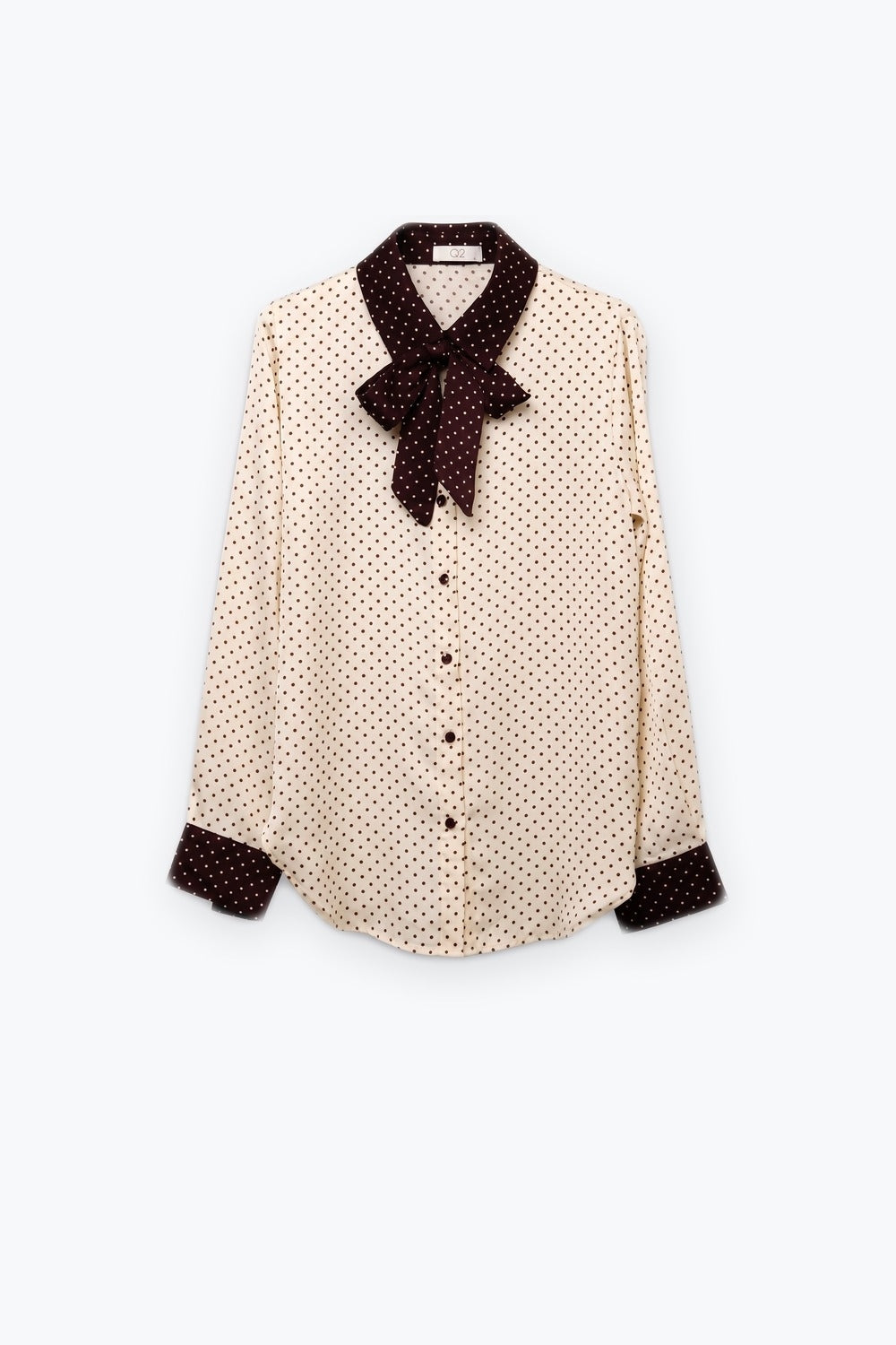 Cream Polka-Dot Print Long Sleeve Blouse with burgundy Contrast Bow Tie