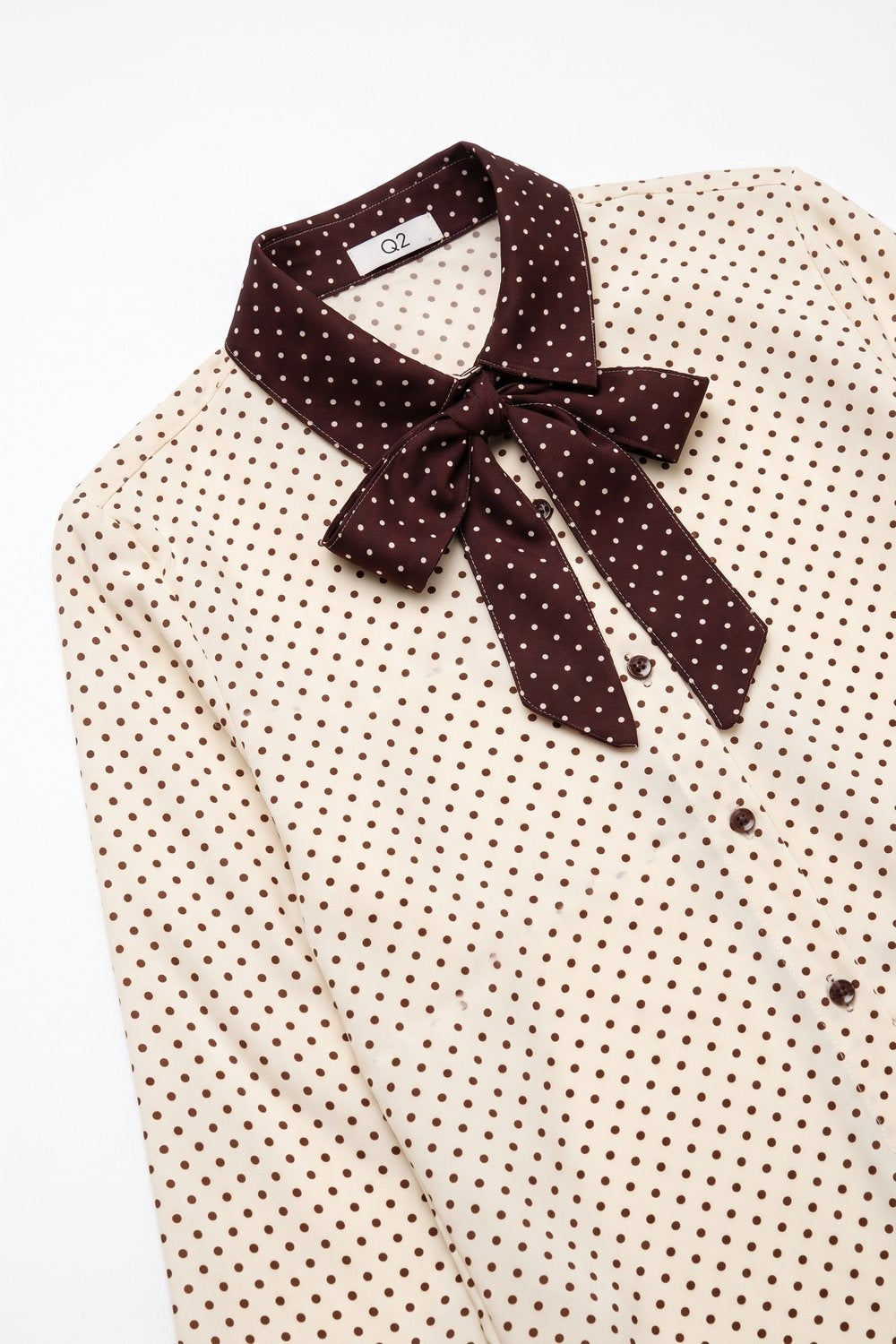 Cream Polka-Dot Print Long Sleeve Blouse with burgundy Contrast Bow Tie