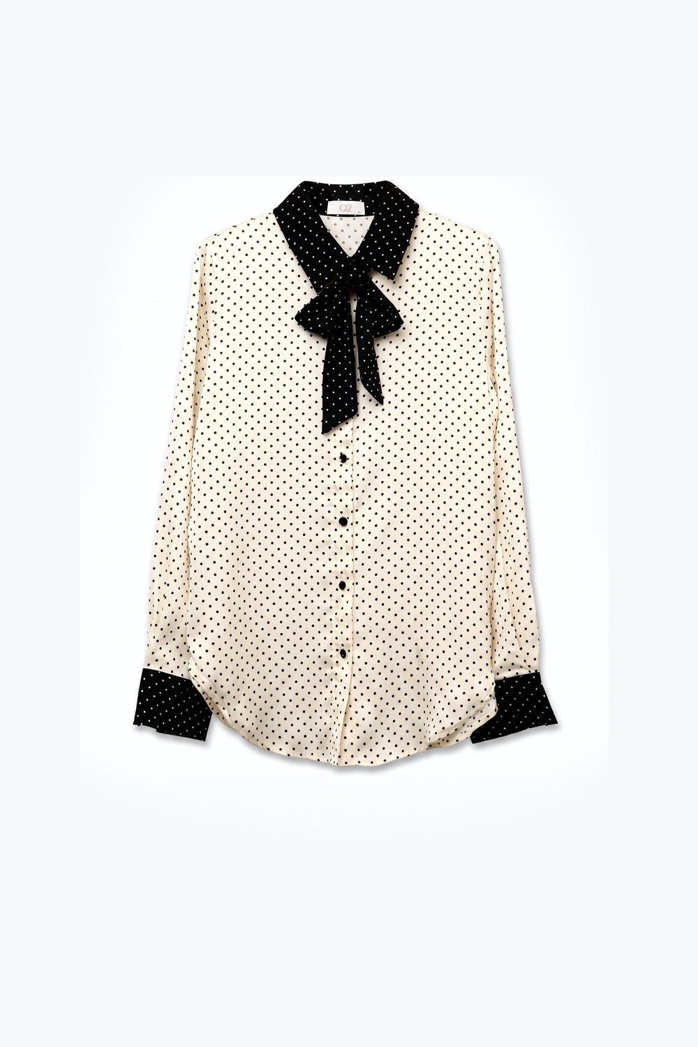 Cream Polka-Dot Lightweight satin black Contrast Tie Neck Blouse Shirt