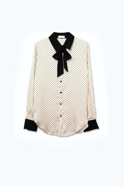 Cream Polka-Dot Lightweight satin black Contrast Tie Neck Blouse Shirt