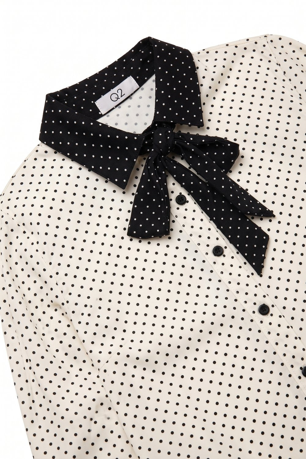 Cream Polka-Dot Lightweight satin black Contrast Tie Neck Blouse Shirt