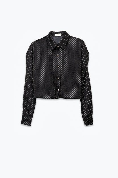 Black Polka-Dot Lightweight satin Cropped Button Shirt