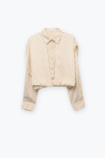 Cream Polka-Dot Lightweight satin Cropped Button Shirt