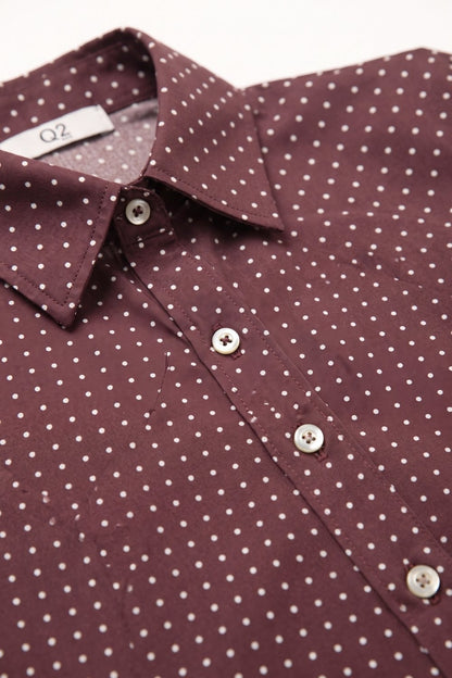 Burgundy Polka-Dot satin Cropped Button Up Shirt