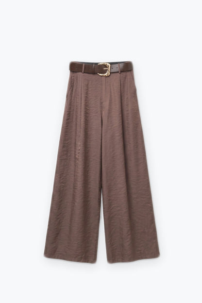 Brown shiny Textured Woven Belted Wide Leg Pants with Pleat Detail