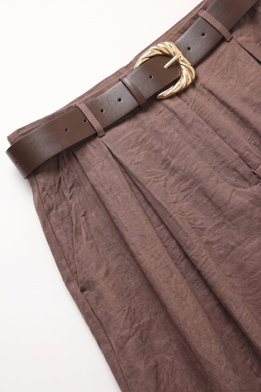 Brown shiny Textured Woven Belted Wide Leg Pants with Pleat Detail