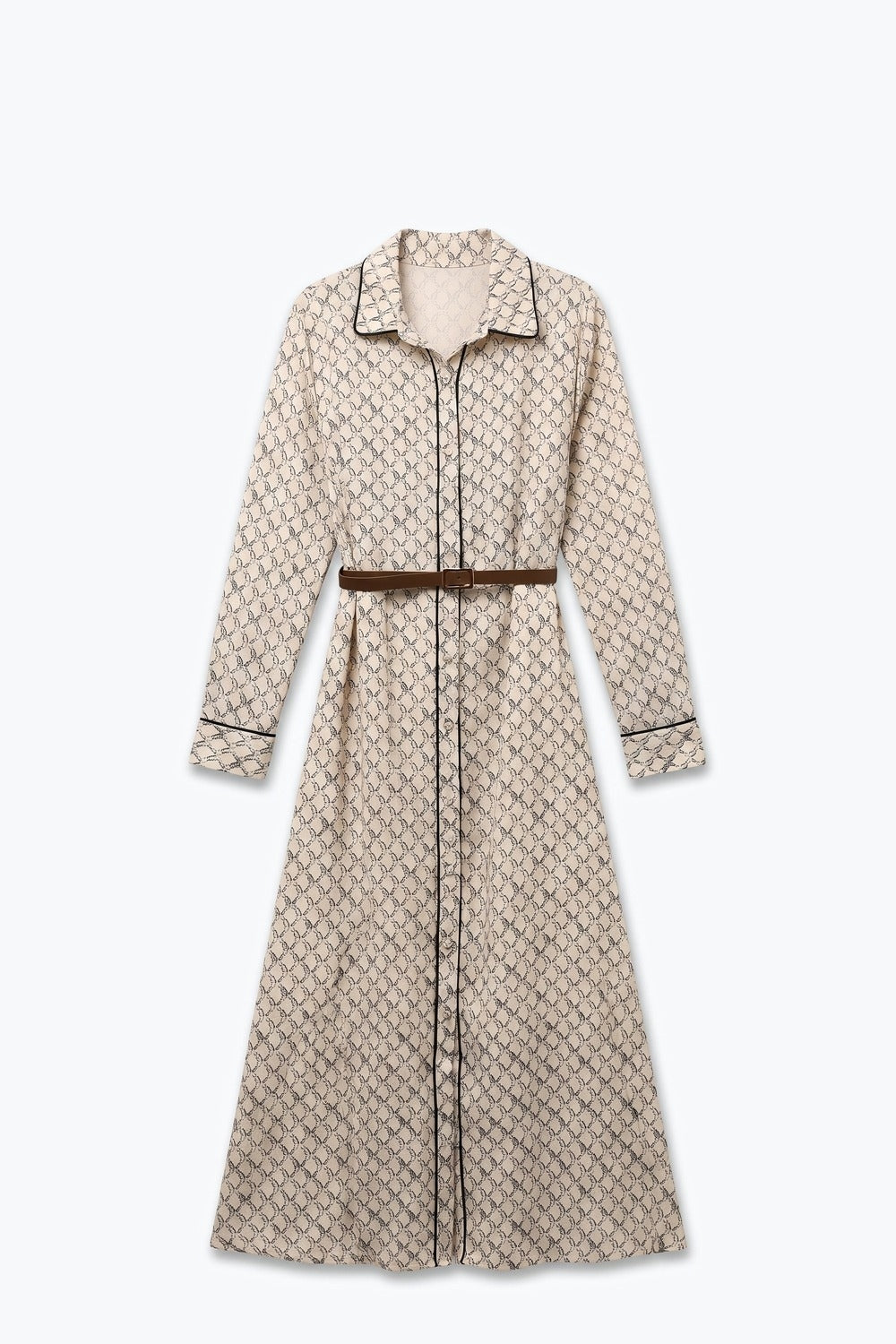 Cream Horses Printed Woven Piped Belted Maxi Shirt Dress