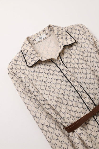 Cream Horses Printed Woven Piped Belted Maxi Shirt Dress