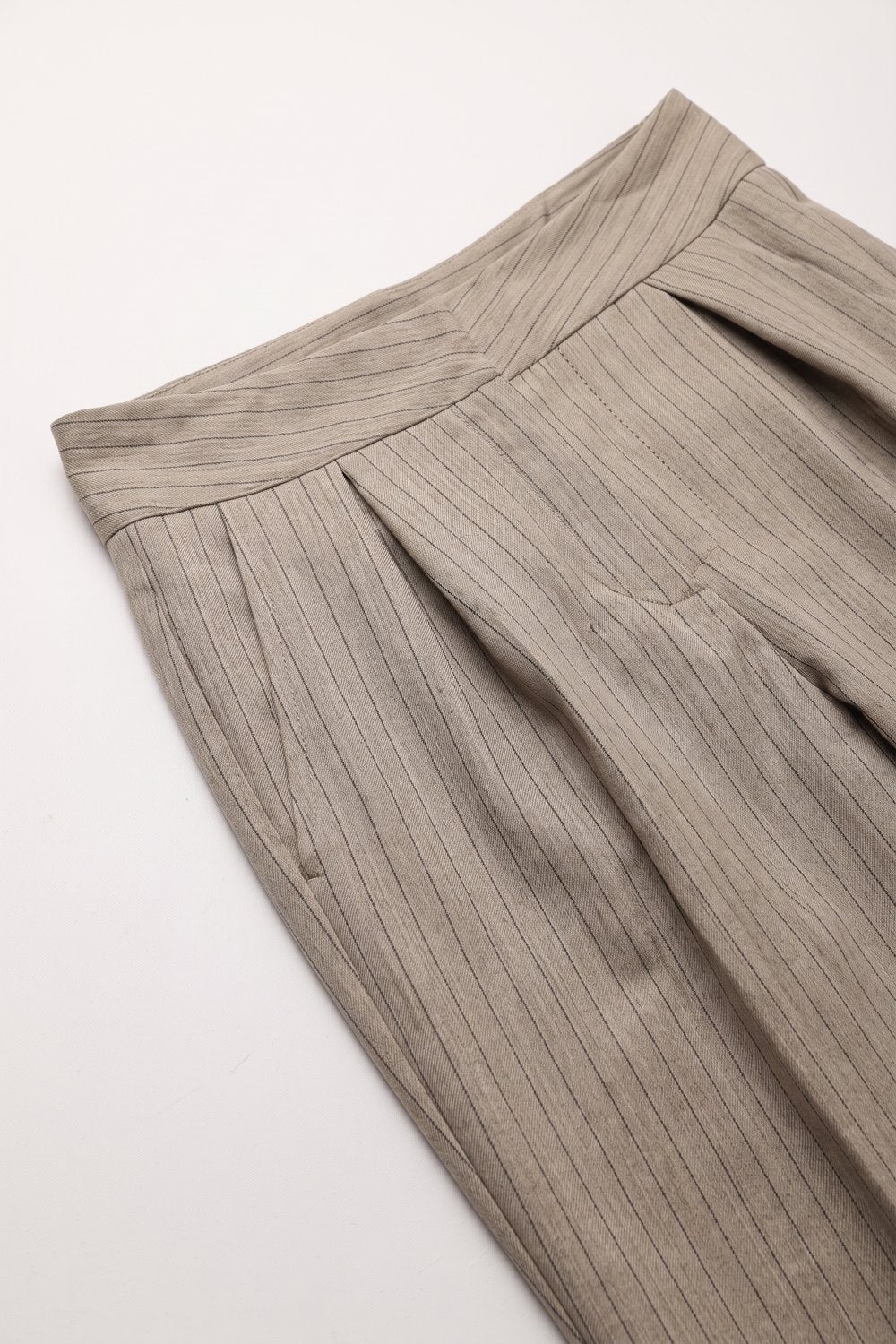 Beige Pinstripe Lightweight Woven High Waist Pleated Pants