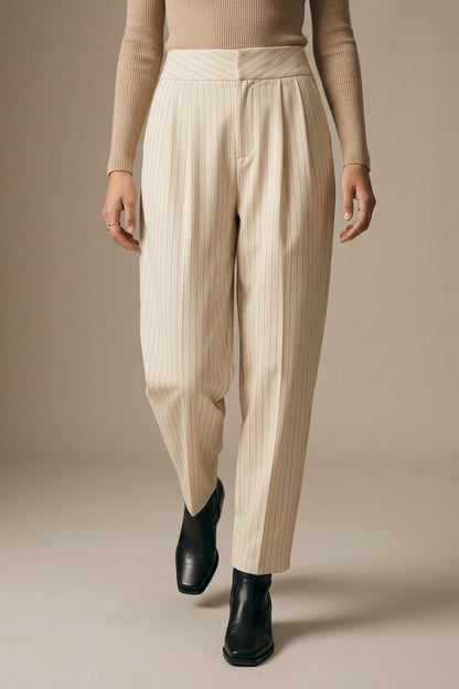 Cream Pinstripe soft Woven Pleated Tapered Pants