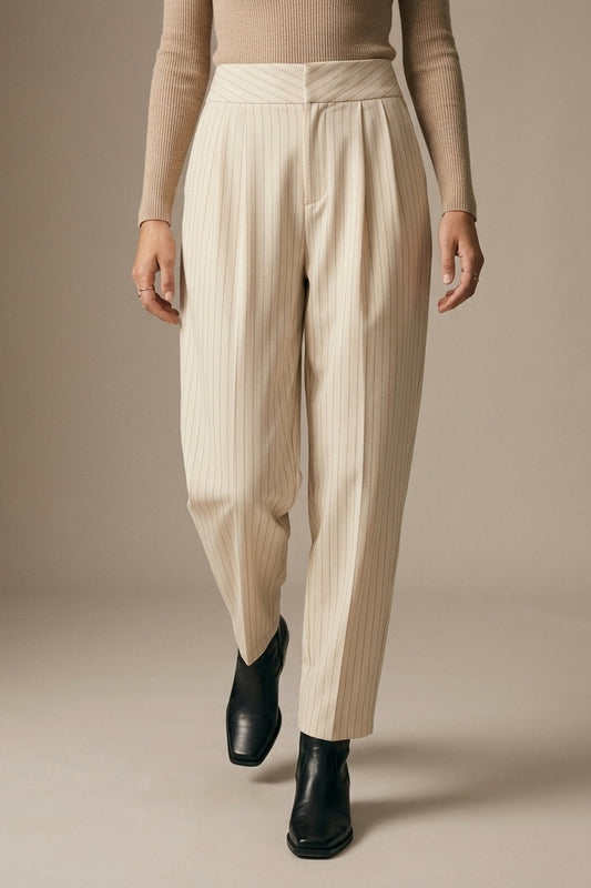 Cream Pinstripe soft Woven Pleated Tapered Pants