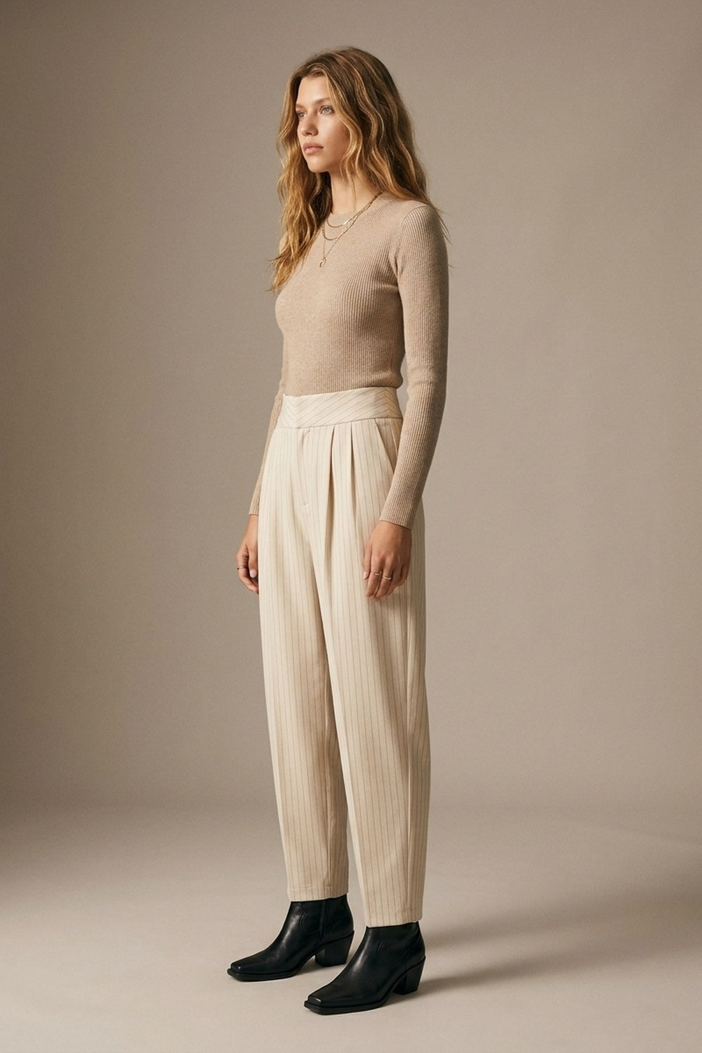 Cream Pinstripe soft Woven Pleated Tapered Pants