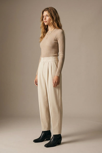 Cream Pinstripe soft Woven Pleated Tapered Pants
