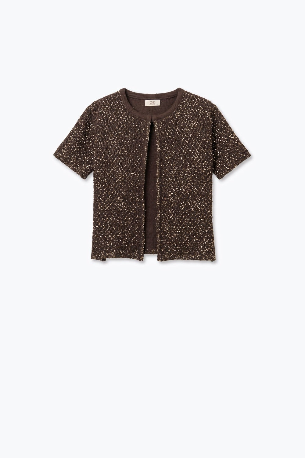 Brown Sequined Soft Knit Ribbed Trim Short Sleeve Cardigan