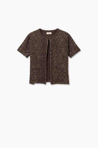 Brown Sequined Soft Knit Ribbed Trim Short Sleeve Cardigan