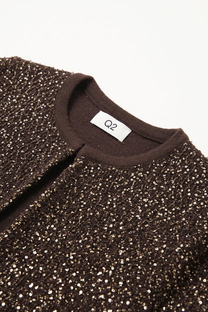 Brown Sequined Soft Knit Ribbed Trim Short Sleeve Cardigan