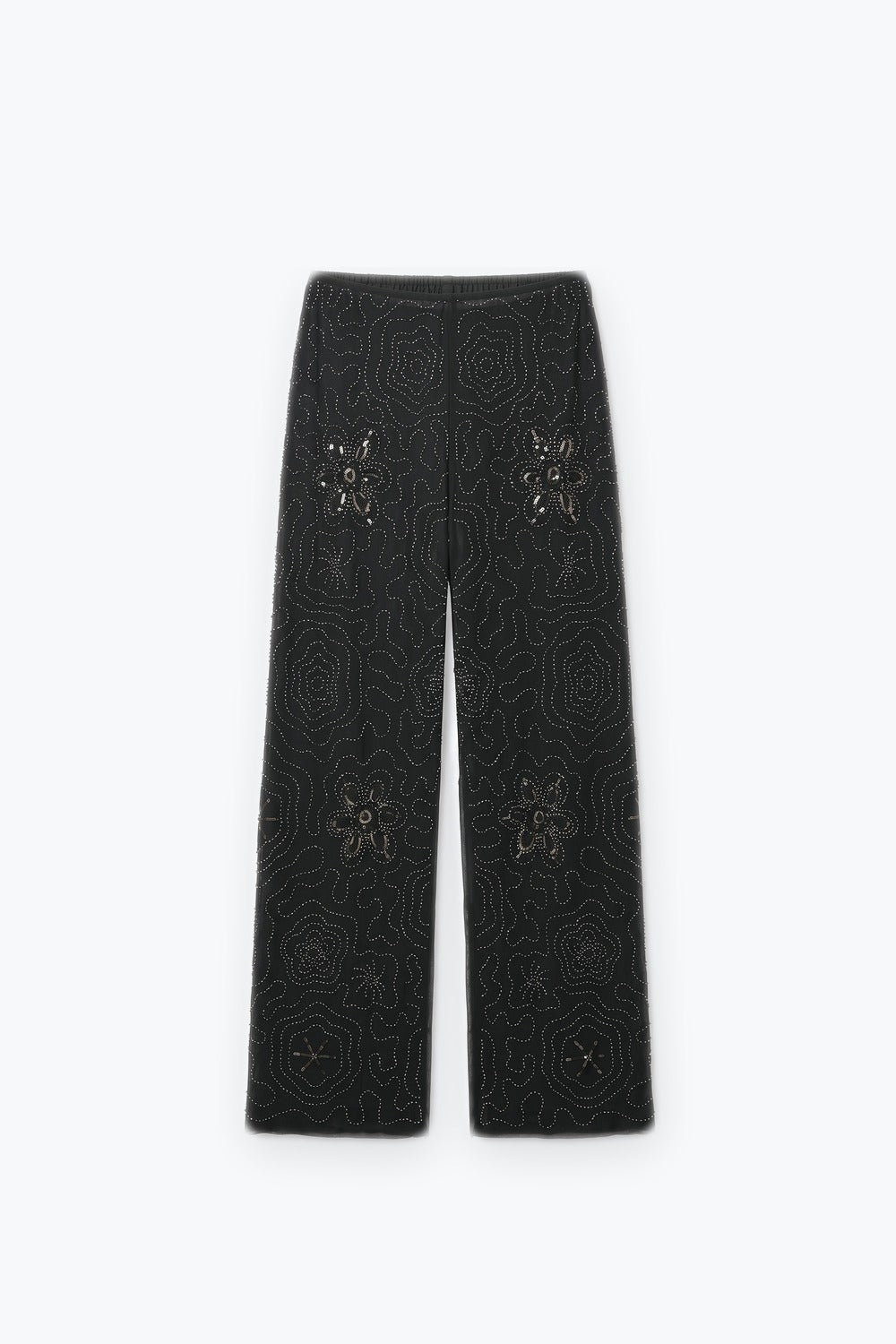 Black Floral Beaded Sheer Mesh Wide Leg Pants and sequins