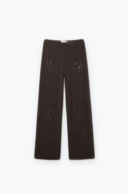 Brown Sequined Beaded Floral Woven Wide Leg Pants