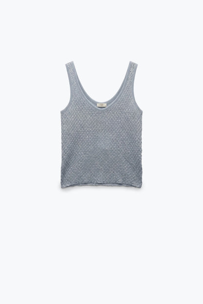 Light Blue Sequined knitted Crochet V Neck Cropped Tank Top