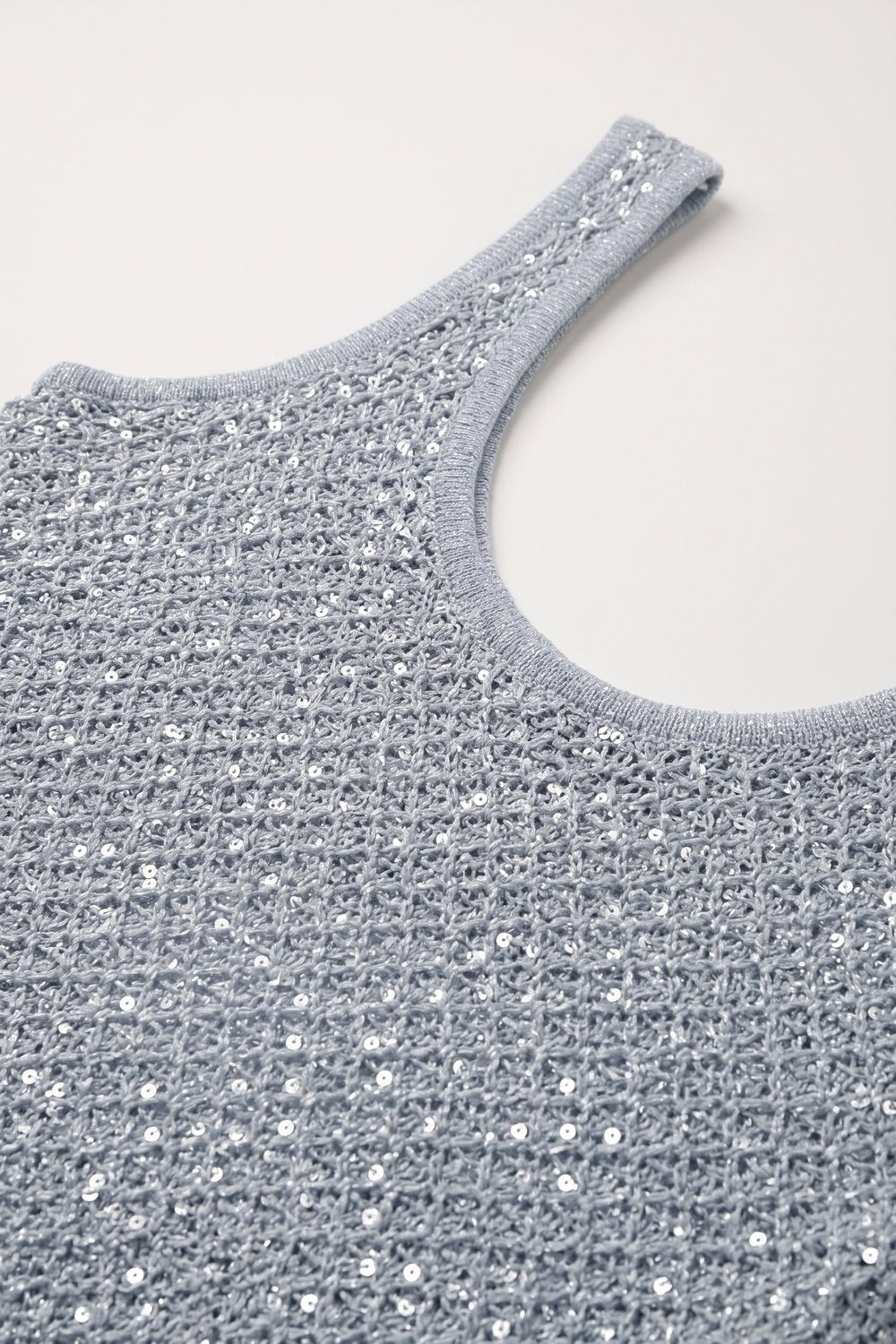 Light Blue Sequined knitted Crochet V Neck Cropped Tank Top