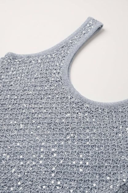 Light Blue Sequined knitted Crochet V Neck Cropped Tank Top