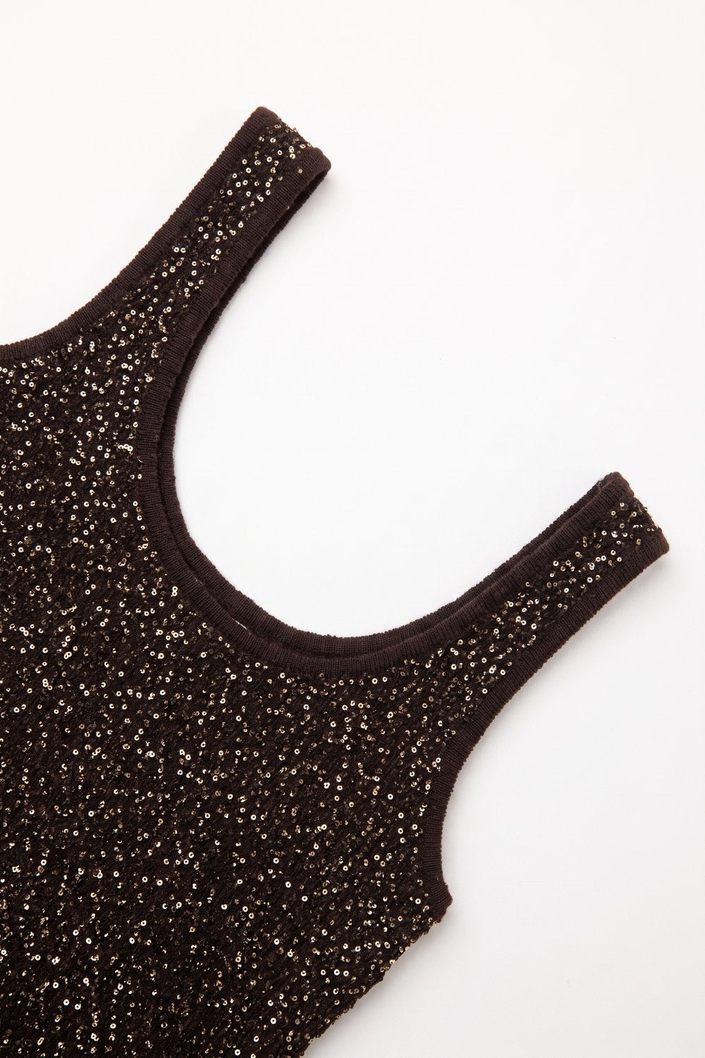 Brown Sequined knitted Scoop Neck Sleeveless Tank Top
