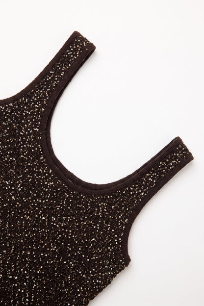 Brown Sequined knitted Scoop Neck Sleeveless Tank Top