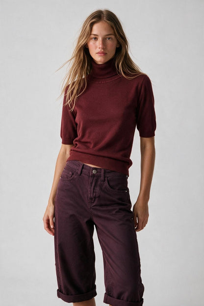 Burgundy Fine Knit Turtleneck Short Sleeve Sweater