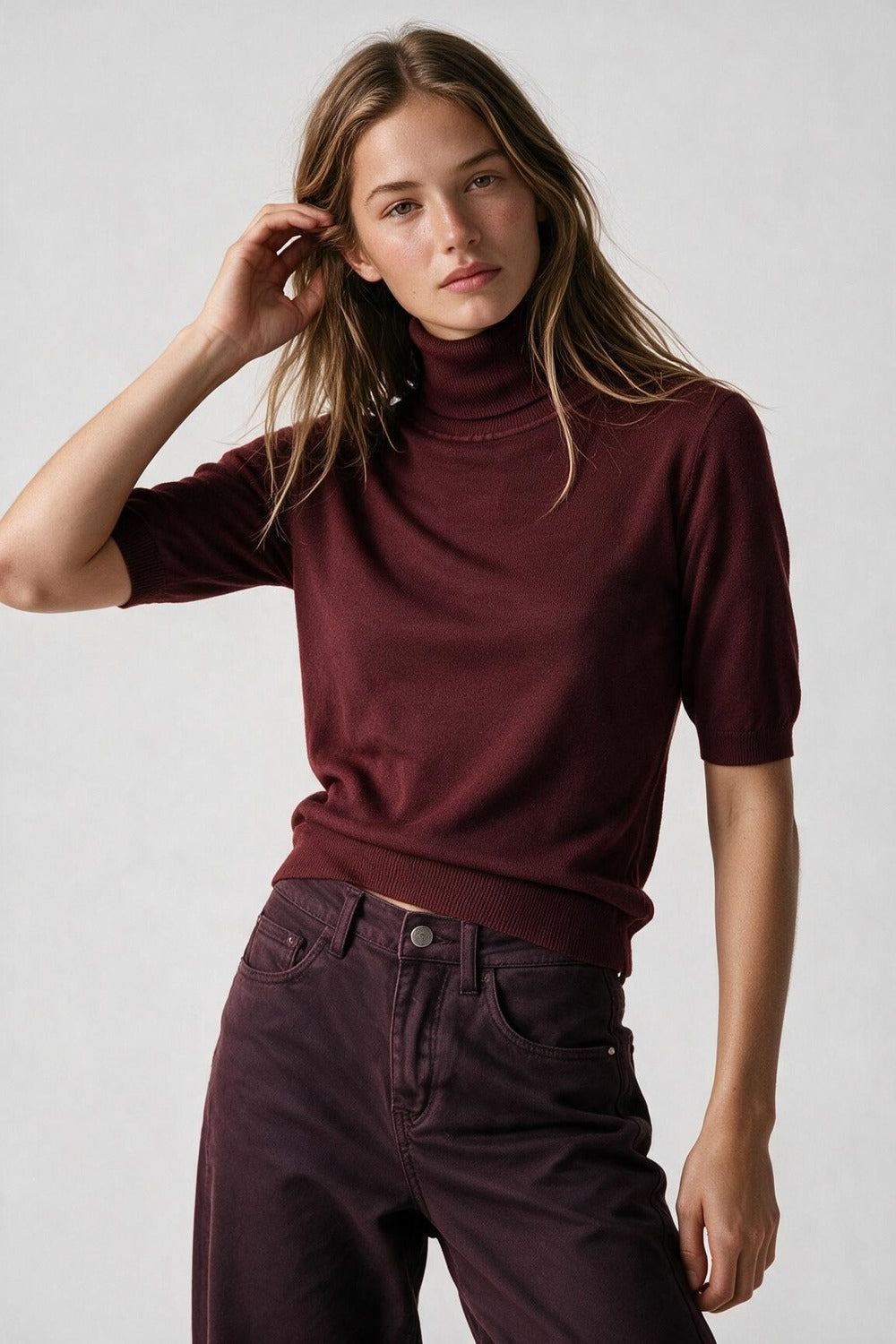 Burgundy Fine Knit Turtleneck Short Sleeve Sweater
