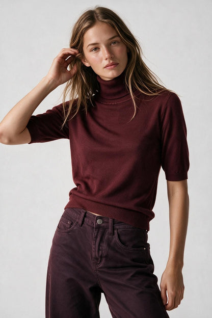 Burgundy Fine Knit Turtleneck Short Sleeve Sweater