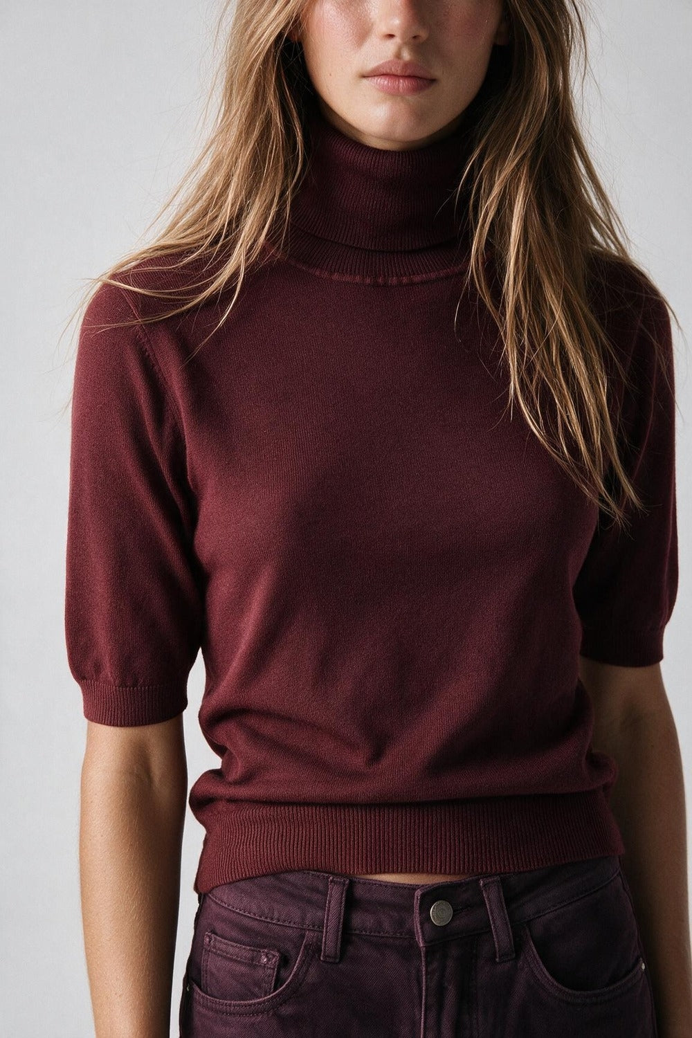 Burgundy Fine Knit Turtleneck Short Sleeve Sweater