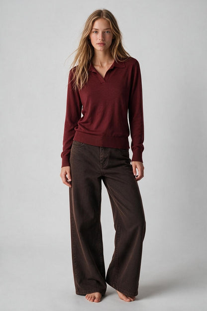 Burgundy Fine Knit Polo Collar Long Sleeve Regular Fit Sweater