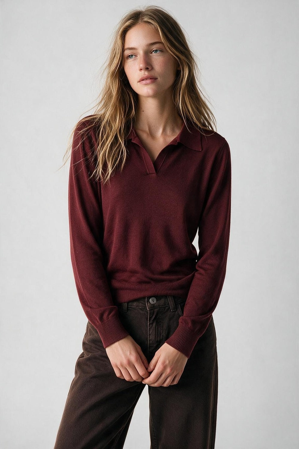 Burgundy Fine Knit Polo Collar Long Sleeve Regular Fit Sweater