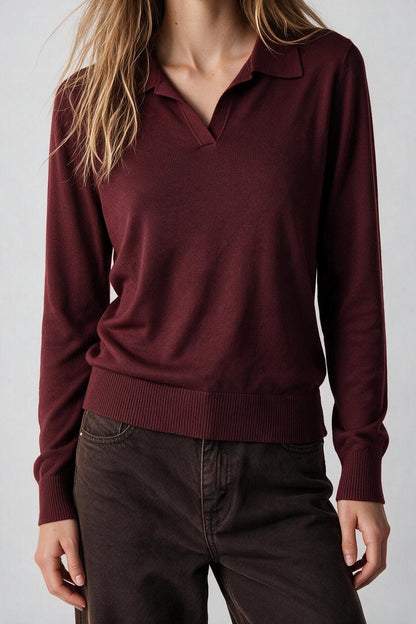Burgundy Fine Knit Polo Collar Long Sleeve Regular Fit Sweater