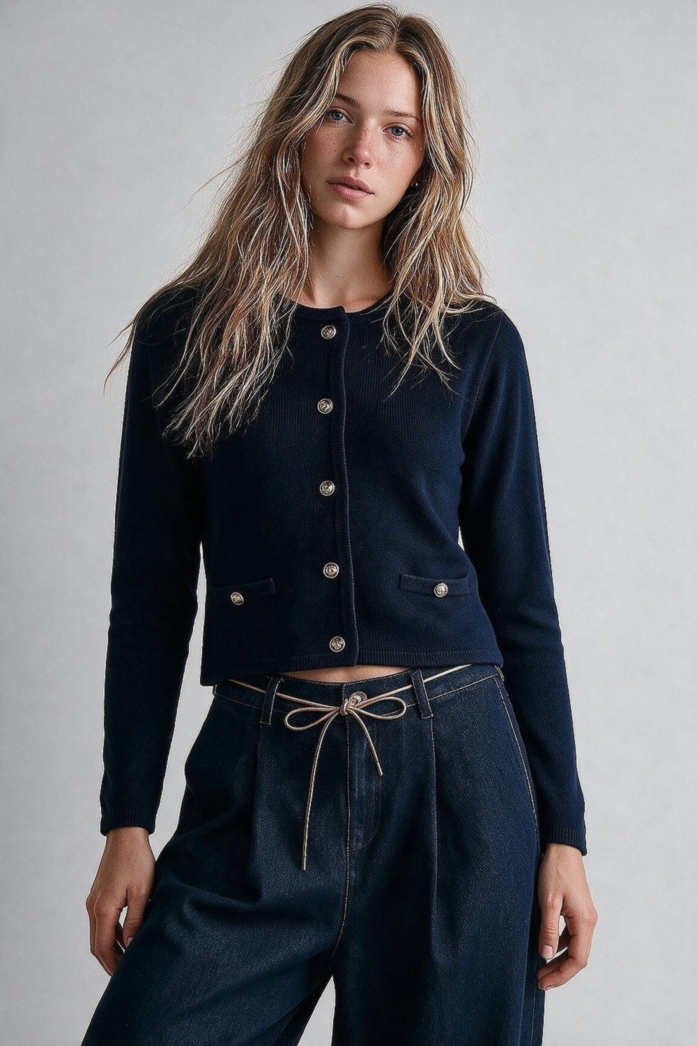 Navy Fine Knit Gold Button Cropped Cardigan Sweater