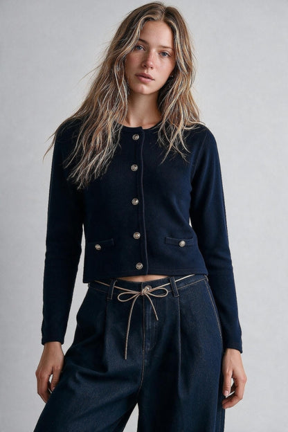 Navy Fine Knit Gold Button Cropped Cardigan Sweater