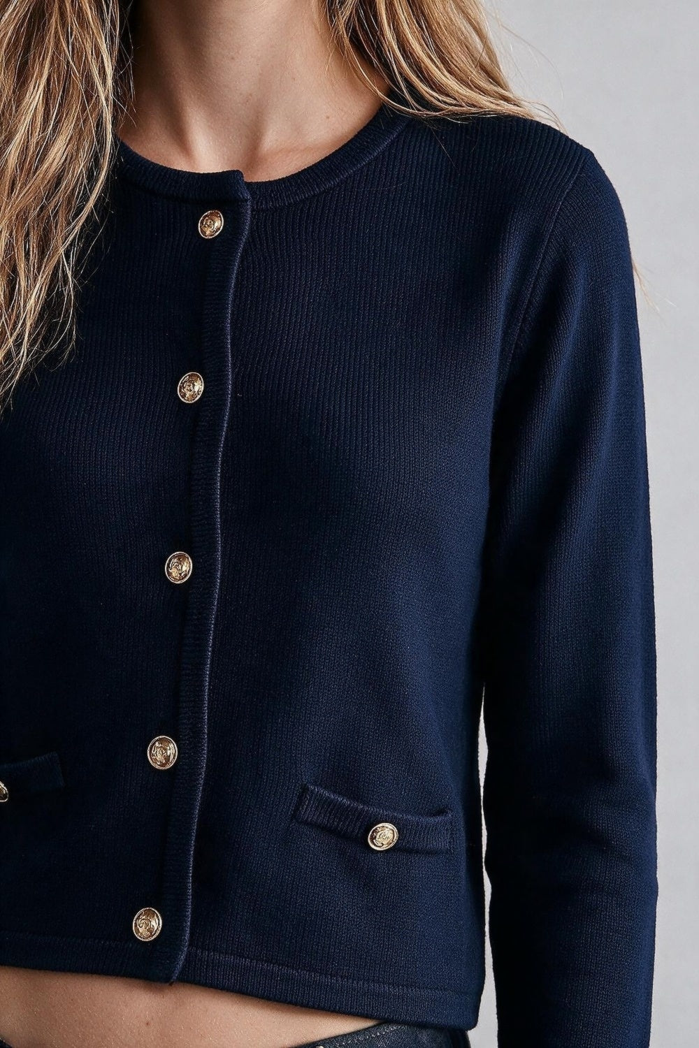 Navy Fine Knit Gold Button Cropped Cardigan Sweater