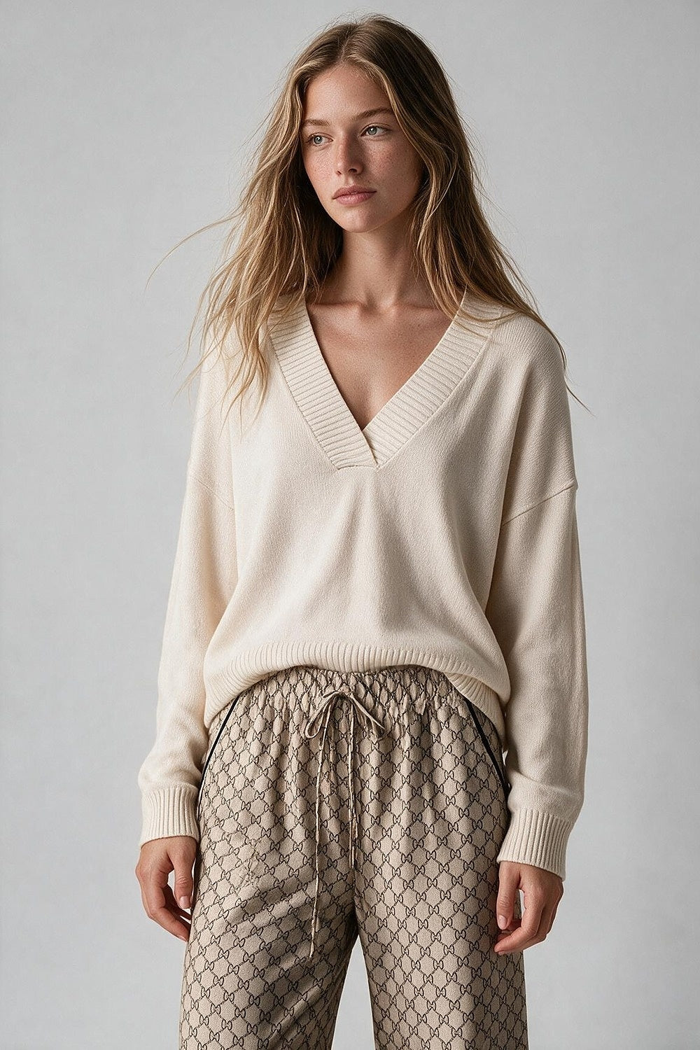 White warm Knit wide V-Neck jumper