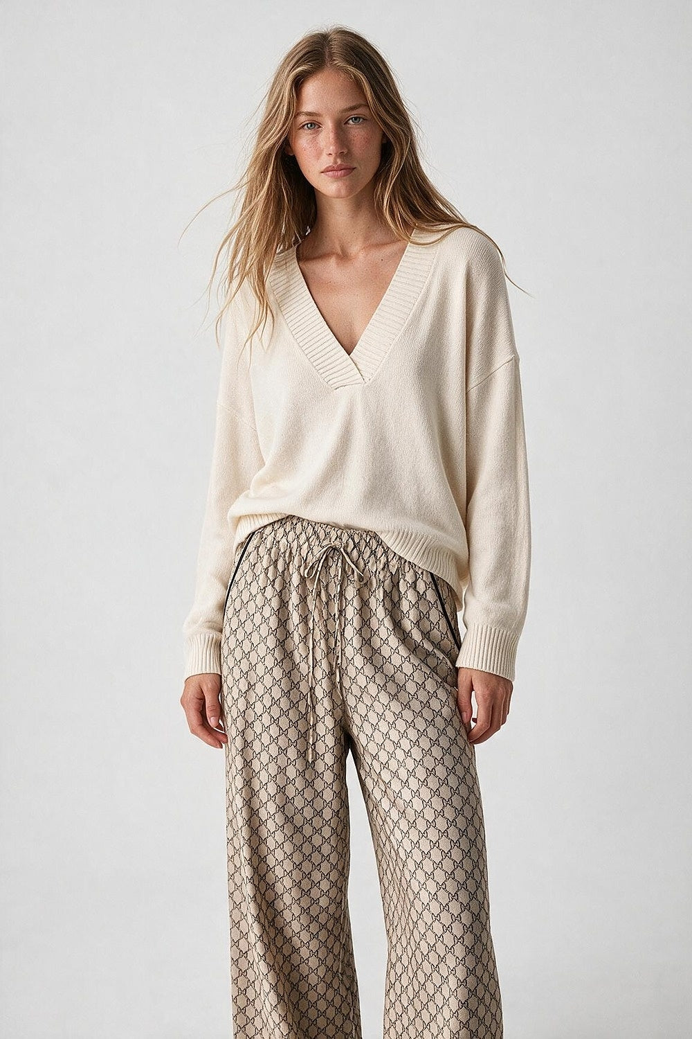 White warm Knit wide V-Neck jumper