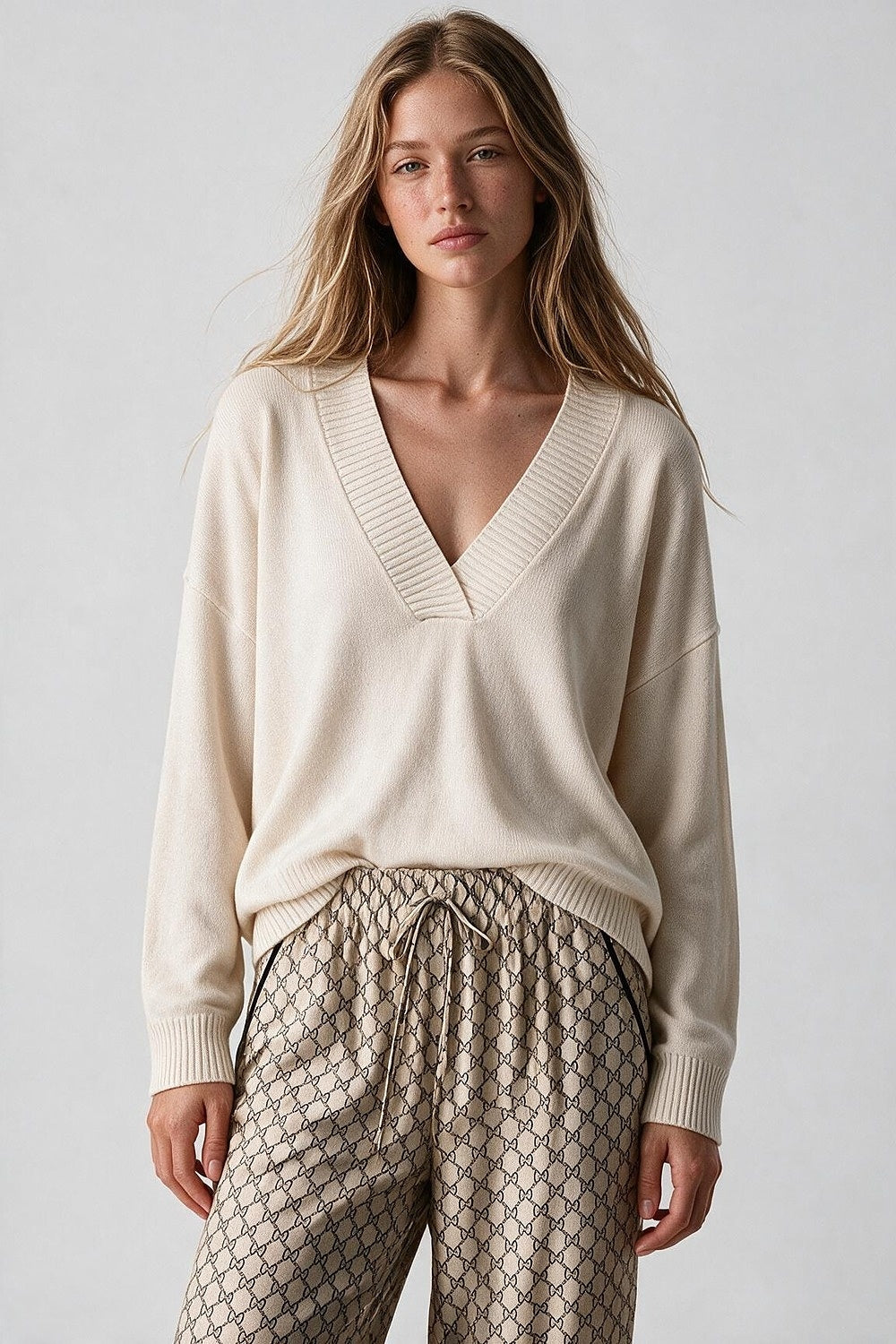 White warm Knit wide V-Neck jumper