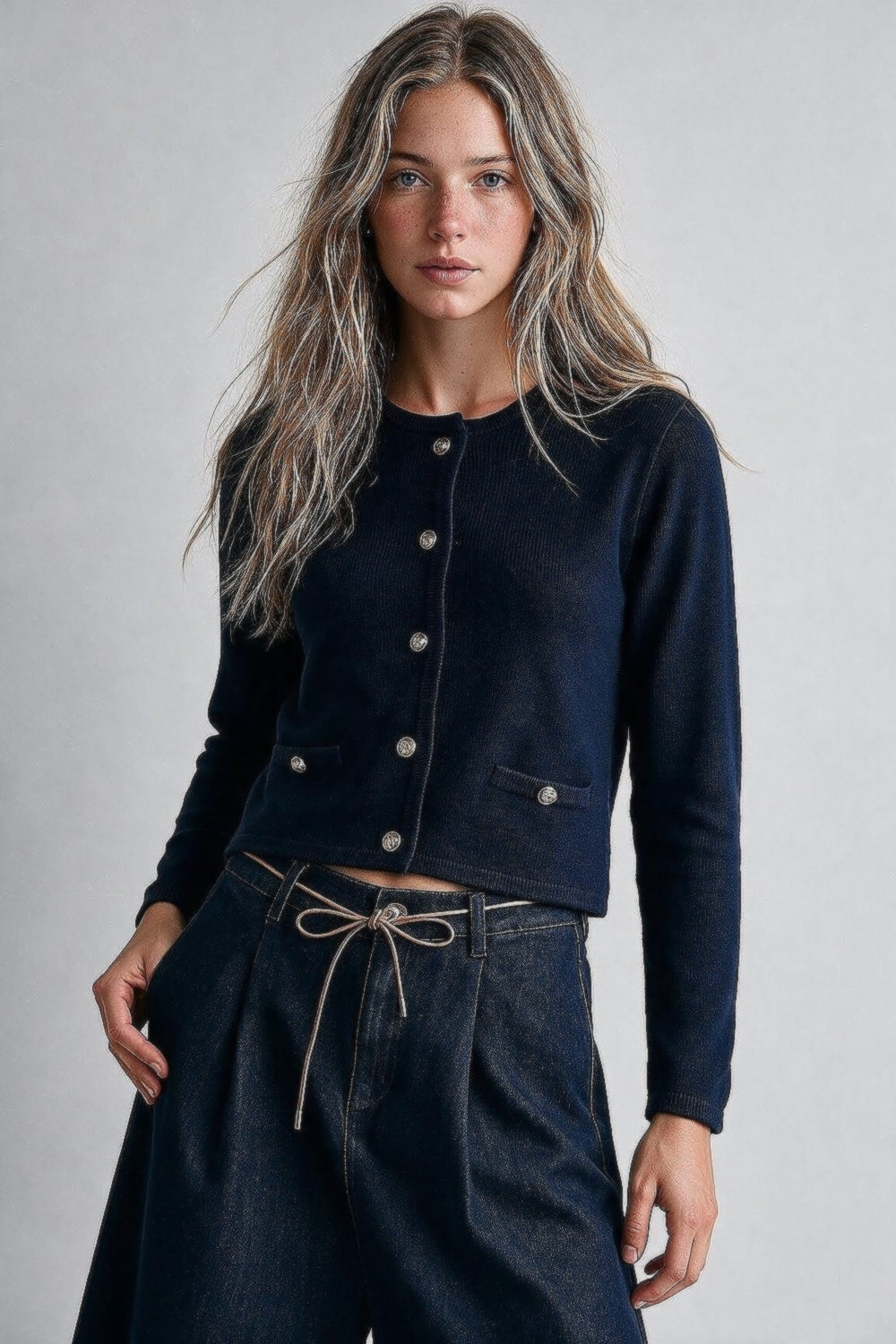 Navy Fine Knit Gold Button Cropped Cardigan Sweater