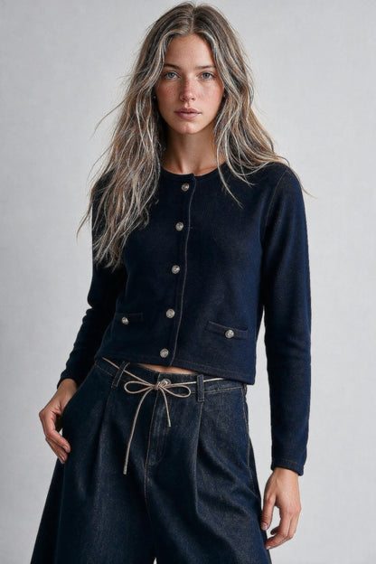 Navy Fine Knit Gold Button Cropped Cardigan Sweater